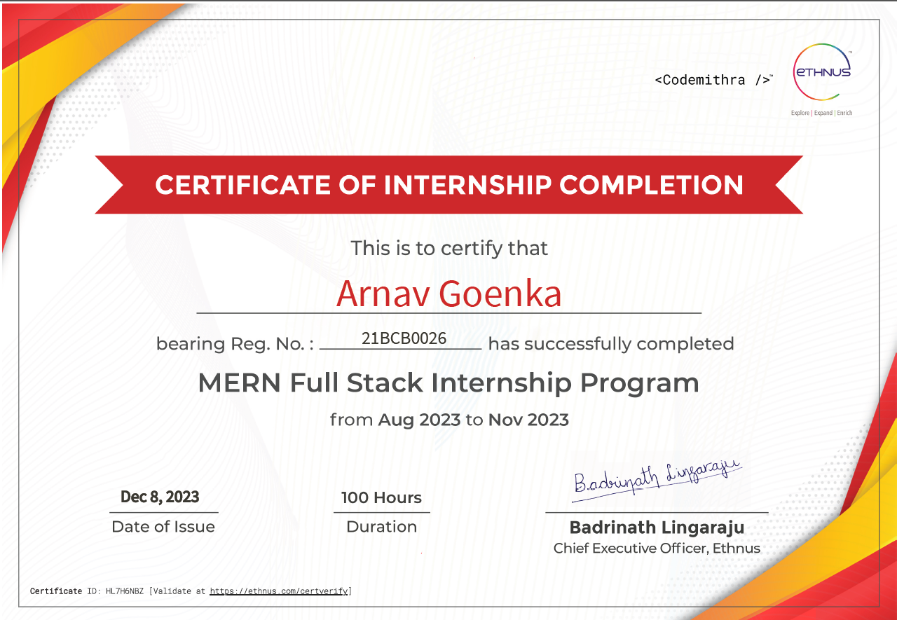 MERN Full Stack by Ethnus certificate